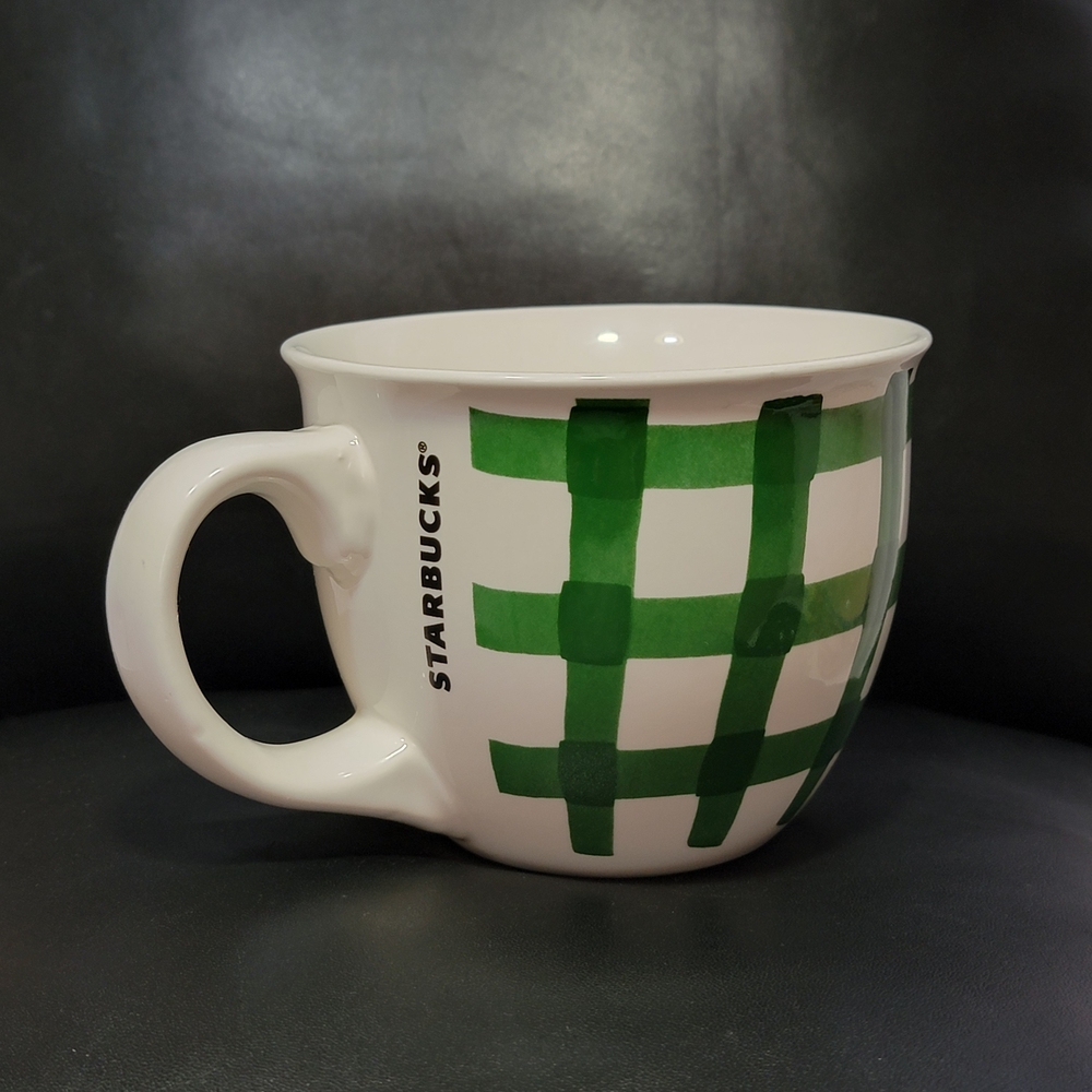 2016 Starbucks Coffee Mug with Green Checkered Pattern Gingham Plaid 14oz.